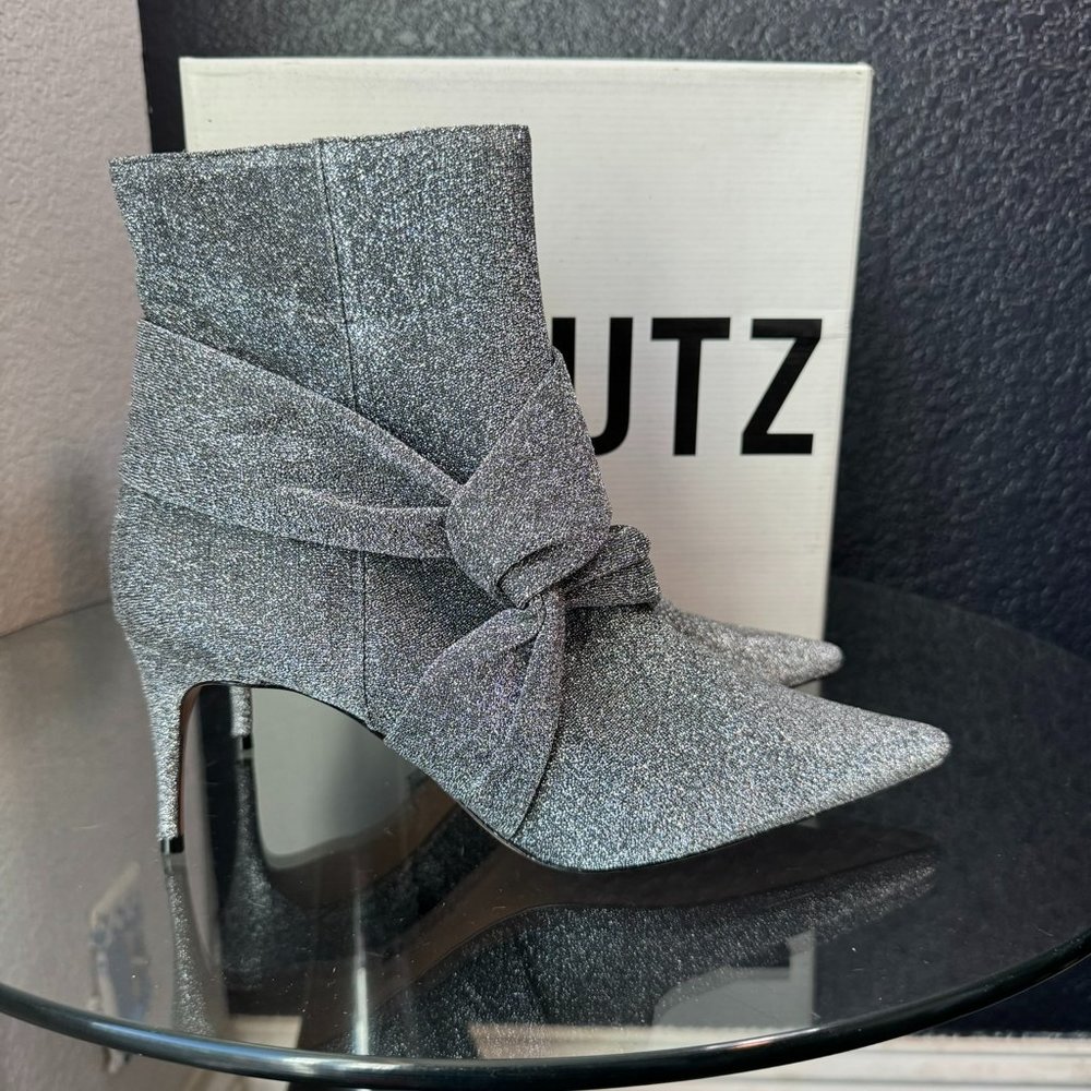 SCHUTZ Silver Glitter Bow Pointed-Toe Ankle Boots – Size 10